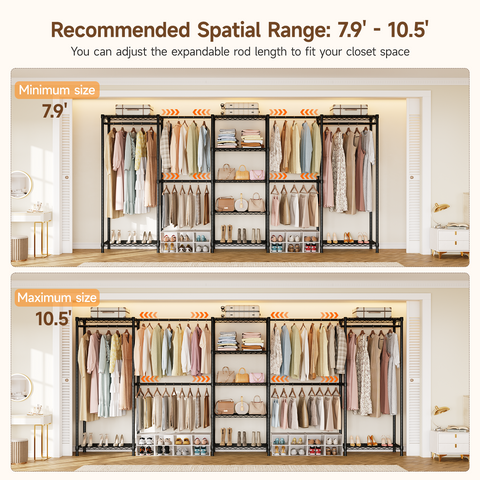 ONBRILL E SERIES-E5 Plus Expandable Heavy Duty Freestanding Metal Modular Clothing Rack with 9 Wire Shelves & 6 Hanging Rods