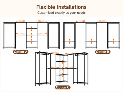 ONBRILL E SERIES-E5 Plus Expandable Heavy Duty Freestanding Metal Modular Clothing Rack with 9 Wire Shelves & 6 Hanging Rods