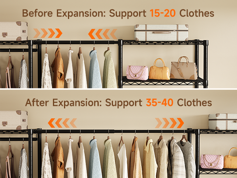 ONBRILL E SERIES-E5 Plus Expandable Heavy Duty Freestanding Metal Modular Clothing Rack with 9 Wire Shelves & 6 Hanging Rods
