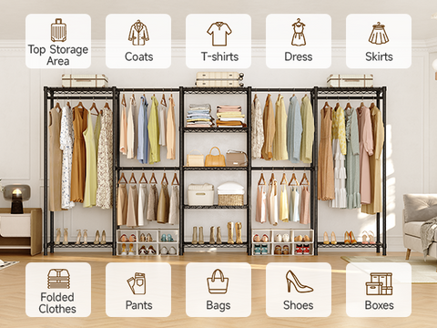 ONBRILL E SERIES-E5 Plus Expandable Heavy Duty Freestanding Metal Modular Clothing Rack with 9 Wire Shelves & 6 Hanging Rods