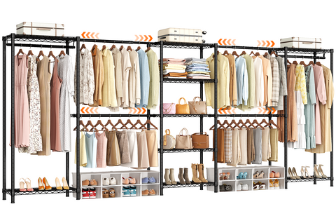 ONBRILL E SERIES-E5 Plus Expandable Heavy Duty Freestanding Metal Modular Clothing Rack with 9 Wire Shelves & 6 Hanging Rods