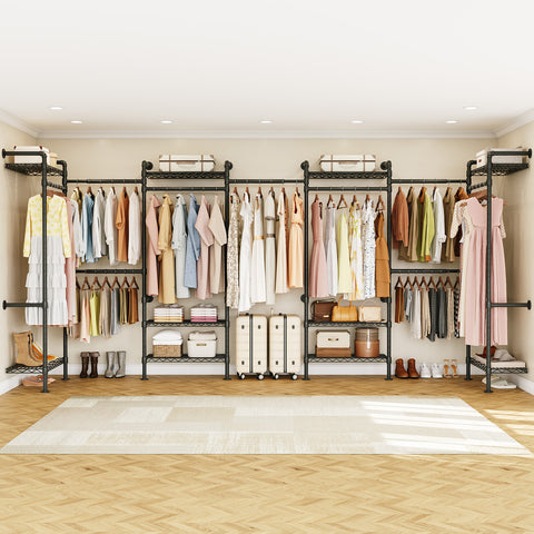 ONBRILL H SERIES-H7 Wall Mounted Expandable Industrial Pipe Clothing Rack with 9 Hanging Rods ( 6 Expandable) & 10 Adjustable Shelves