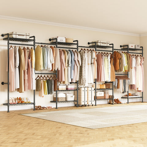ONBRILL H SERIES-H7 Wall Mounted Expandable Industrial Pipe Clothing Rack with 9 Hanging Rods ( 6 Expandable) & 10 Adjustable Shelves
