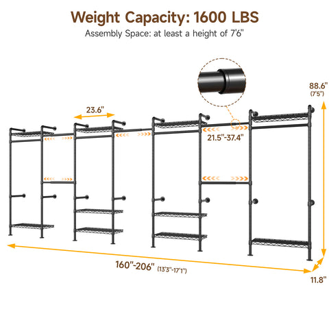 ONBRILL H SERIES-H7 Wall Mounted Expandable Industrial Pipe Clothing Rack with 9 Hanging Rods ( 6 Expandable) & 10 Adjustable Shelves