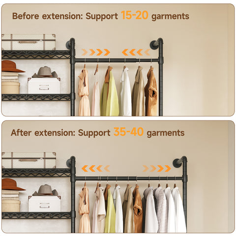 ONBRILL H SERIES-H7 Wall Mounted Expandable Industrial Pipe Clothing Rack with 9 Hanging Rods ( 6 Expandable) & 10 Adjustable Shelves