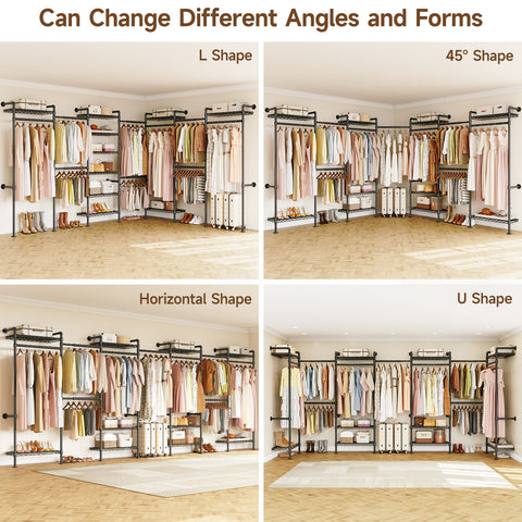 ONBRILL H SERIES-H7 Wall Mounted Expandable Industrial Pipe Clothing Rack with 9 Hanging Rods ( 6 Expandable) & 10 Adjustable Shelves
