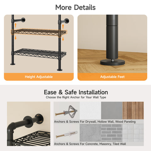 ONBRILL H SERIES-H7 Wall Mounted Expandable Industrial Pipe Clothing Rack with 9 Hanging Rods ( 6 Expandable) & 10 Adjustable Shelves