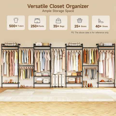 ONBRILL H SERIES-H7 Wall Mounted Expandable Industrial Pipe Clothing Rack with 9 Hanging Rods ( 6 Expandable) & 10 Adjustable Shelves