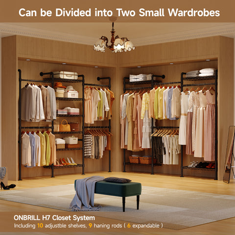 ONBRILL H SERIES-H7 Wall Mounted Expandable Industrial Pipe Clothing Rack with 9 Hanging Rods ( 6 Expandable) & 10 Adjustable Shelves