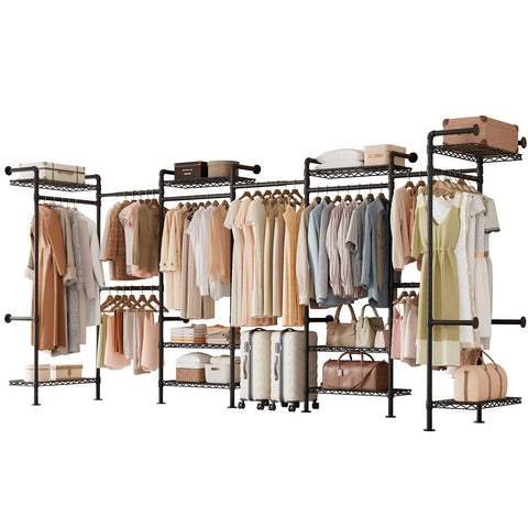 ONBRILL H SERIES-H7 Wall Mounted Expandable Industrial Pipe Clothing Rack with 9 Hanging Rods ( 6 Expandable) & 10 Adjustable Shelves