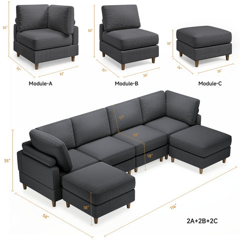 Modern Corduroy 6 Seater Modular Sectional Sofa