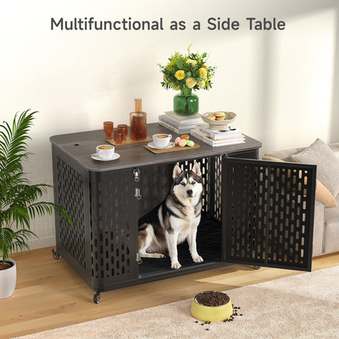 Dog Crate Furniture with Cushion, Rustic Grey