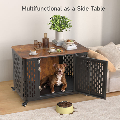 Dog Crate Furniture with Cushion, Rustic Brown