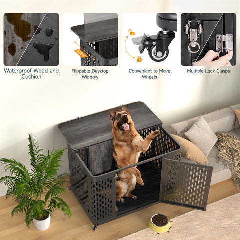 Dog Crate Furniture with Cushion, Rustic Grey