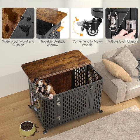 Dog Crate Furniture with Cushion, Rustic Brown