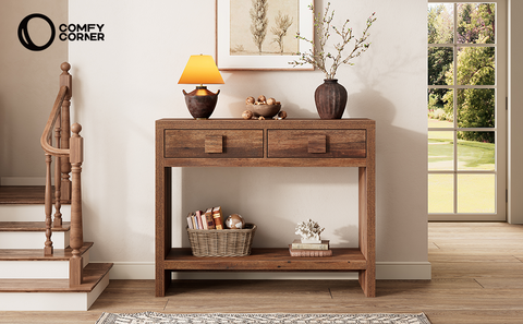 ONBRILL Narrow Console Table with Drawers and Open Shelves