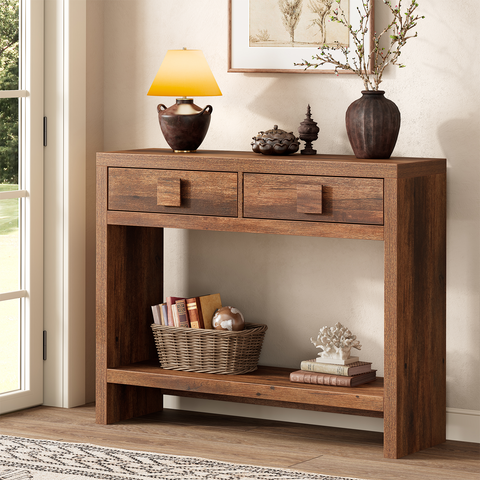 ONBRILL Narrow Console Table with Drawers and Open Shelves