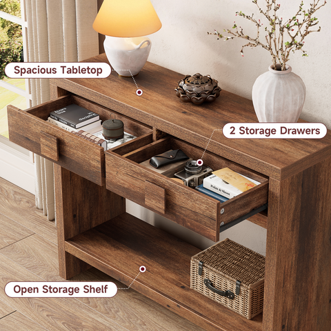 ONBRILL Narrow Console Table with Drawers and Open Shelves