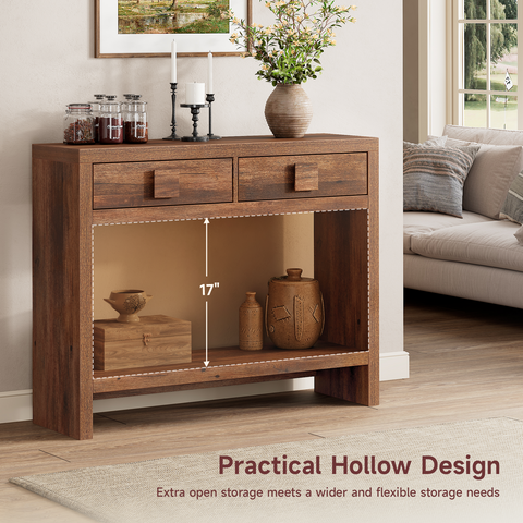 ONBRILL Narrow Console Table with Drawers and Open Shelves