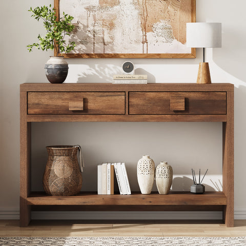 ONBRILL Narrow Console Table with Drawers and Open Shelves