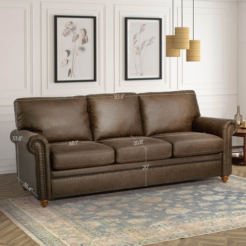 84 inch Faux Leather Couch, Dark Brown