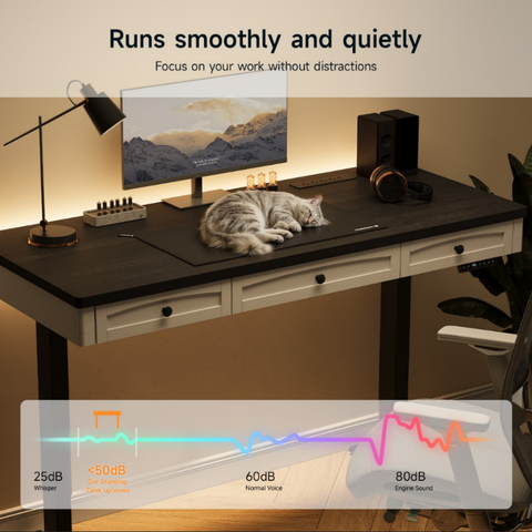 ONBRILL Standing Desk with 3 Drawers, 55 x 24 Inch Electric Height Adjustable Desk with Storage & Outlets, for Computer Workstation, Home Office, Retro Curved Table Corner & Drawers