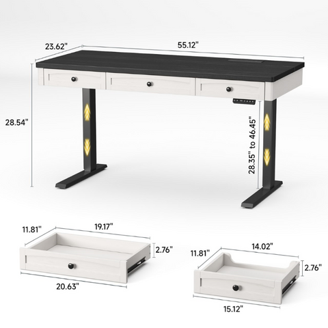 ONBRILL Standing Desk with 3 Drawers, 55 x 24 Inch Electric Height Adjustable Desk with Storage & Outlets, for Computer Workstation, Home Office, Retro Curved Table Corner & Drawers