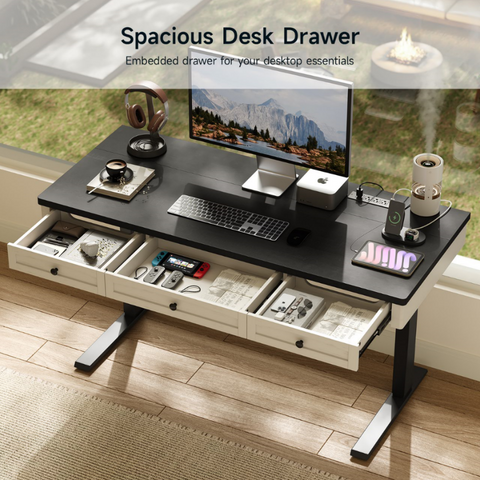 ONBRILL Standing Desk with 3 Drawers, 55 x 24 Inch Electric Height Adjustable Desk with Storage & Outlets, for Computer Workstation, Home Office, Retro Curved Table Corner & Drawers