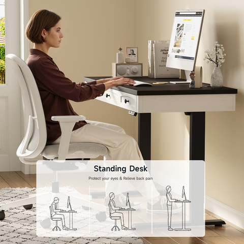 ONBRILL Standing Desk with 3 Drawers, 55 x 24 Inch Electric Height Adjustable Desk with Storage & Outlets, for Computer Workstation, Home Office, Retro Curved Table Corner & Drawers