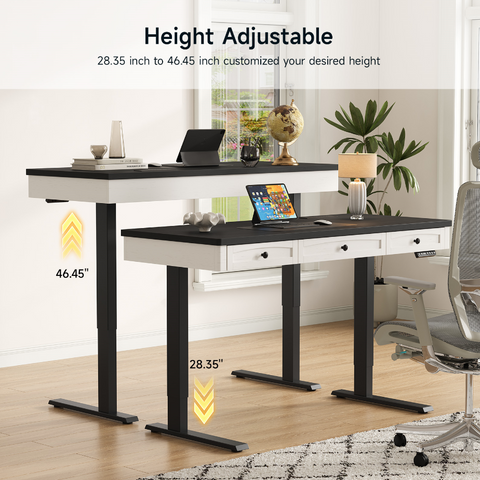 ONBRILL Standing Desk with 3 Drawers, 55 x 24 Inch Electric Height Adjustable Desk with Storage & Outlets, for Computer Workstation, Home Office, Retro Curved Table Corner & Drawers