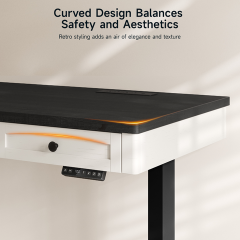 ONBRILL Standing Desk with 3 Drawers, 55 x 24 Inch Electric Height Adjustable Desk with Storage & Outlets, for Computer Workstation, Home Office, Retro Curved Table Corner & Drawers