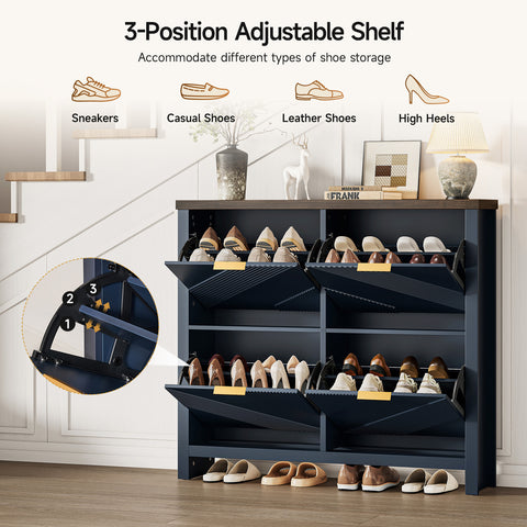 ONBRILL Shoe Cabinet with 4 Flip Drawers, Narrow Shoe Organizer with Symmetric Groove Pattern, Freestanding Wood Hidden Shoe Storage Cabinet for Entryway, Hallway