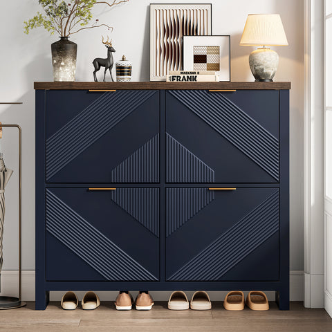 ONBRILL Shoe Cabinet with 4 Flip Drawers, Narrow Shoe Organizer with Symmetric Groove Pattern, Freestanding Wood Hidden Shoe Storage Cabinet for Entryway, Hallway