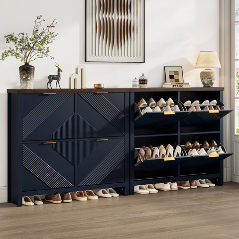 ONBRILL Shoe Cabinet with 4 Flip Drawers, Narrow Shoe Organizer with Symmetric Groove Pattern, Freestanding Wood Hidden Shoe Storage Cabinet for Entryway, Hallway