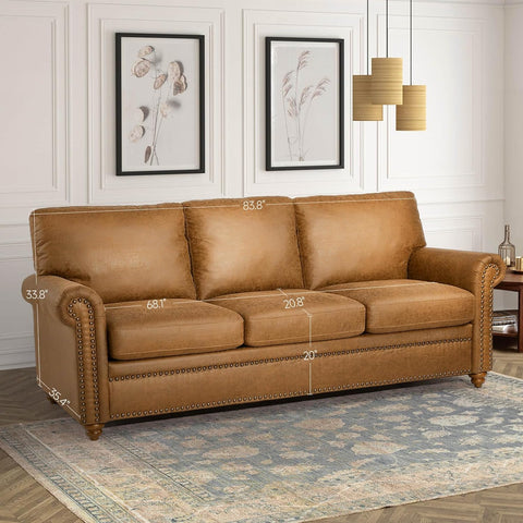 84 inch Faux Leather Couch, Light Brown