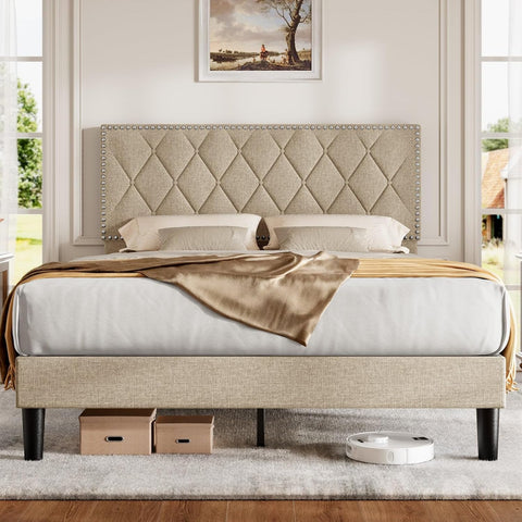 Modern Linen Upholstered Button Tufted Bed Frame with Adjustable Headboard