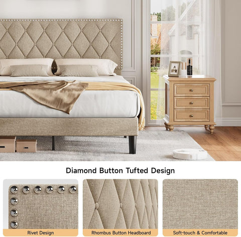 Modern Linen Upholstered Button Tufted Bed Frame with Adjustable Headboard