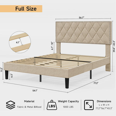 Modern Linen Upholstered Button Tufted Bed Frame with Adjustable Headboard