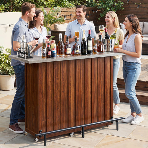 61-Inch Foldable Bar Table, Mobile Party Bar Station on Lockable Wheel, Counter Height Table w/Storage Cabinet, Footrest, Modern U-Shaped Home Coffee Bar Unit for Dining Living Room Pub Party