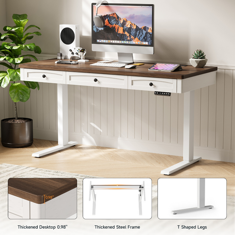 ONBRILL Standing Desk with 3 Drawers, 55 x 24 Inch Electric Height Adjustable Desk with Storage & Outlets, for Computer Workstation, Home Office, Retro Curved Table Corner & Drawers